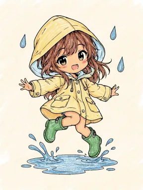 Chibi Girl Jumping Puddle Coloring Page, colored example