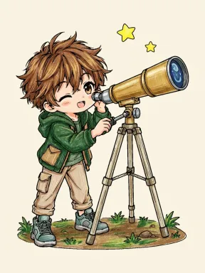 Chibi Boy with Telescope Coloring Page colored with AI in crayon style