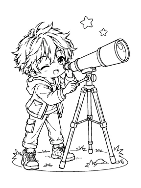 An original chibi anime boy looks through a telescope on a tripod beneath two simple stars.