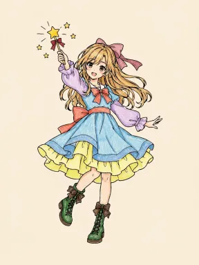 Anime Girl with Magic Wand Coloring Page colored with AI in crayon style