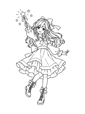 An original anime magical girl in a layered dress raises a wand with a star-shaped glow.
