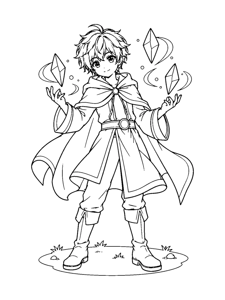 An original anime mage boy in a tunic and short cloak holds his hands around three floating crystals.