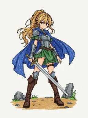 Anime Warrior Girl Coloring Page colored with AI in crayon style