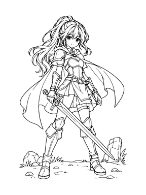 An original anime warrior girl in light armor holds a plain sword in a calm ready pose.