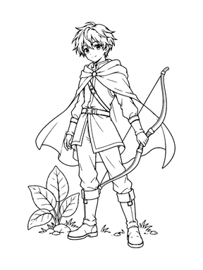 An original anime archer boy in a cloak holds a lowered practice bow beside broad leaves.
