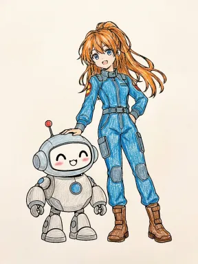 Anime Pilot Girl and Robot Coloring Page colored with AI in crayon style