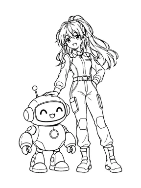 An original anime pilot girl in a jumpsuit rests one hand on a small round helper robot.