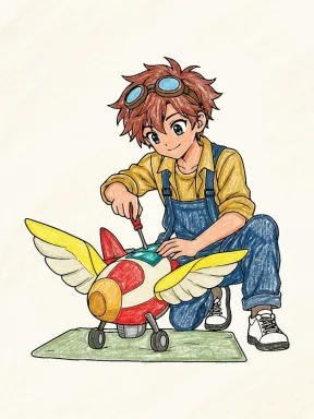 Anime Inventor Boy Coloring Page colored with AI in crayon style