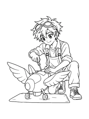 An original anime inventor boy with goggles on his head uses a screwdriver on a small winged machine resting on a work mat.