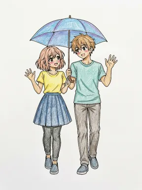 Anime Friends with Umbrella Coloring Page, colored example