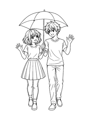 An original anime teen girl and boy stand together under an open umbrella against a plain background.