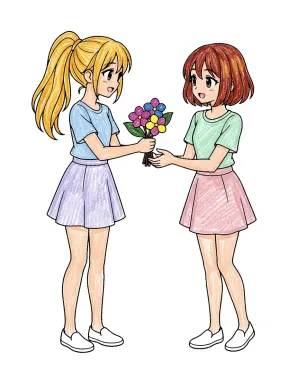 Anime Girls with Flower Bouquet Coloring Page colored with AI in crayon style