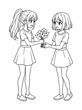 Two original anime teen girls with different hairstyles smile as they exchange a round flower bouquet.