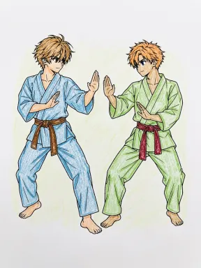 Anime Boys Martial Arts Coloring Page colored with AI in crayon style