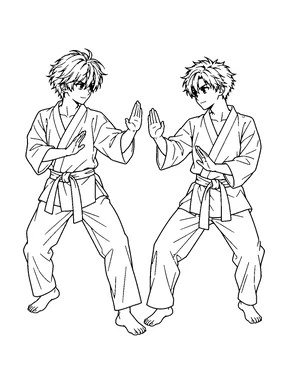 Two original anime teen boys in plain martial-arts uniforms face each other in open-hand training poses.