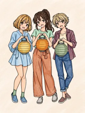 Anime Friends with Lanterns Coloring Page, colored example