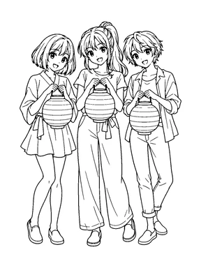 Two original anime teen girls and one boy with distinct hairstyles stand together, each holding a paper lantern.