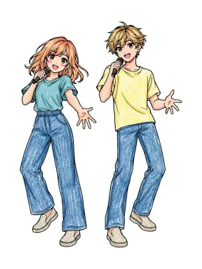 Anime Singing Duo Coloring Page colored with AI in crayon style
