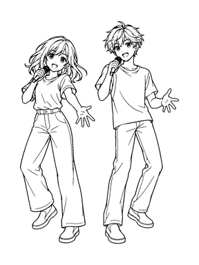 An original anime teen girl and boy each hold a handheld microphone in a cheerful duet pose.