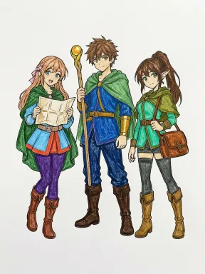 Anime Adventure Friends Coloring Page colored with AI in crayon style