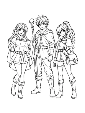 Two original anime fantasy girls and one boy pose with a map, a staff, and a closed satchel.