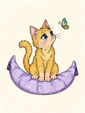 Cat on a Crescent Cushion Coloring Page colored with AI in crayon style