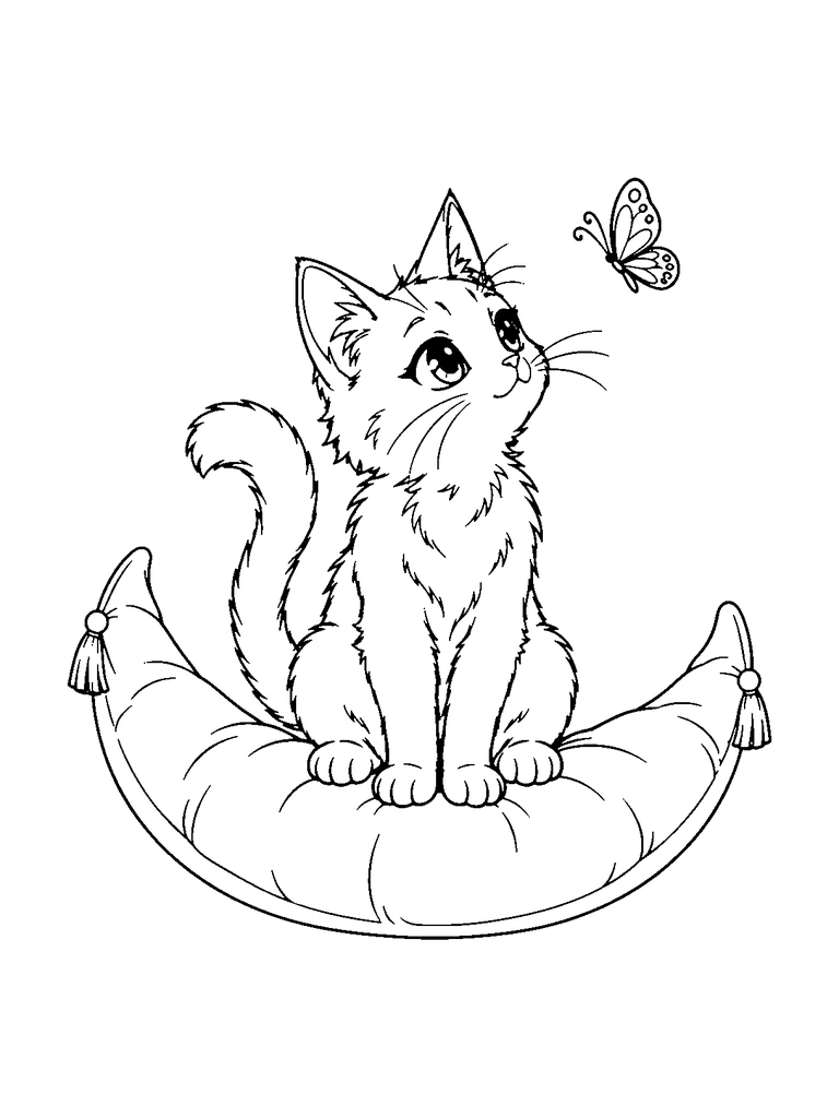 A fluffy cat sits on a crescent-shaped cushion and watches a butterfly.