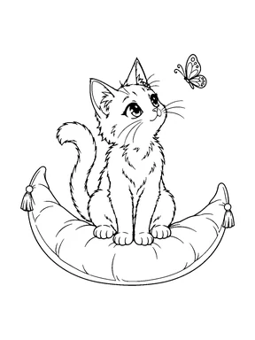 A fluffy cat sits on a crescent-shaped cushion and watches a butterfly.