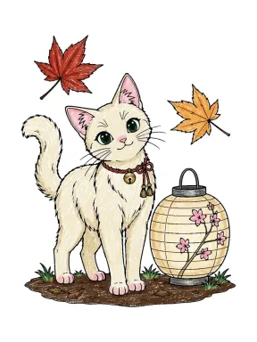 Cat by a Paper Lantern Coloring Page colored with AI in crayon style