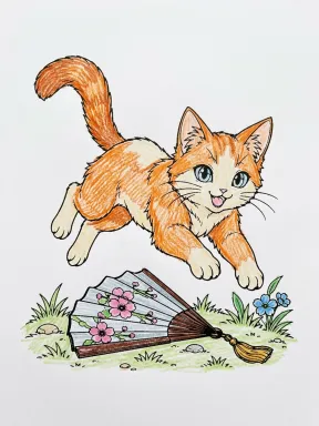 Leaping Cat over a Fan Coloring Page colored with AI in crayon style
