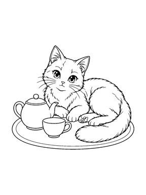 A curled cat rests beside a teapot and teacup on a round tray.