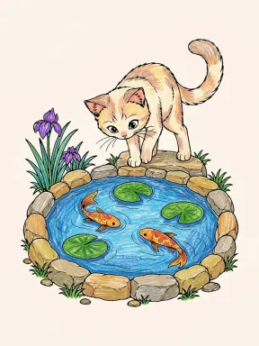 Cat Watching Fish in a Pond Coloring Page, colored example