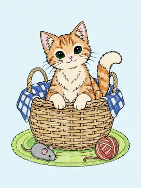 Cat in a Woven Basket Coloring Page colored with AI in crayon style
