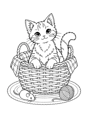 A cat sits inside a woven basket beside a ball of yarn and a toy mouse.