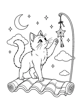 A cat stands on curved roof tiles and reaches toward a hanging star lantern beneath a crescent moon.