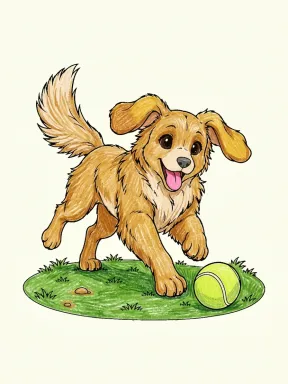 Dog Chasing a Ball Coloring Page colored with AI in crayon style