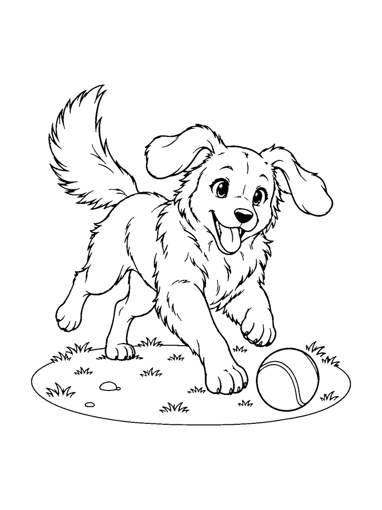 A happy dog runs after a ball across a small grassy patch.