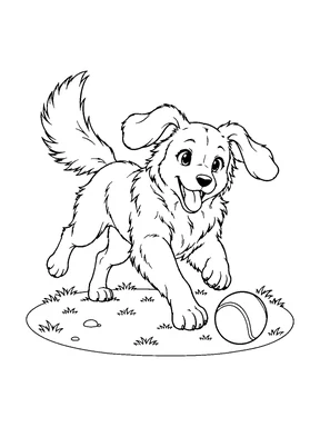 A happy dog runs after a ball across a small grassy patch.