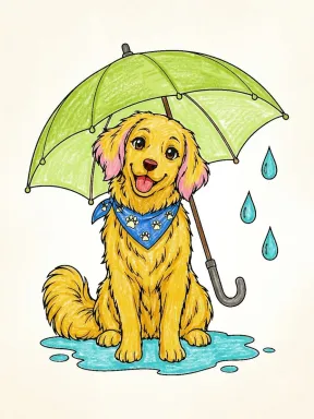 Dog under an Umbrella Coloring Page colored with AI in crayon style