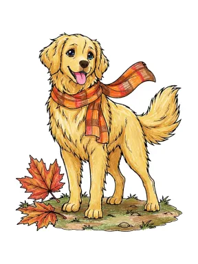 Dog with Scarf and Leaves Coloring Page colored with AI in crayon style