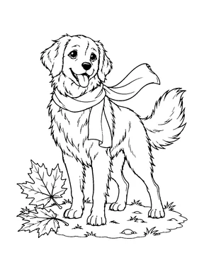A dog in a flowing scarf stands beside autumn leaves on the ground.