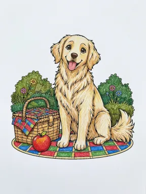 Dog with Picnic Basket Coloring Page colored with AI in crayon style