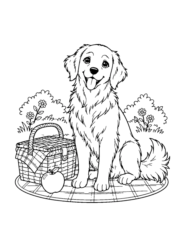 A sitting dog poses beside a picnic basket and an apple on a checkered mat.