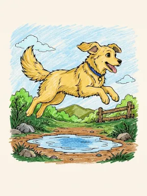 Dog Jumping over a Puddle Coloring Page colored with AI in crayon style