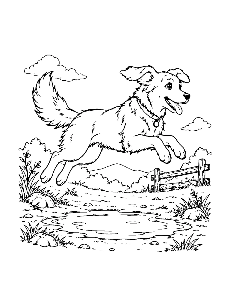A dog jumps over a shallow puddle in a grassy field beside a small fence.