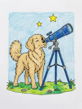 Dog Looking through Telescope Coloring Page colored with AI in crayon style