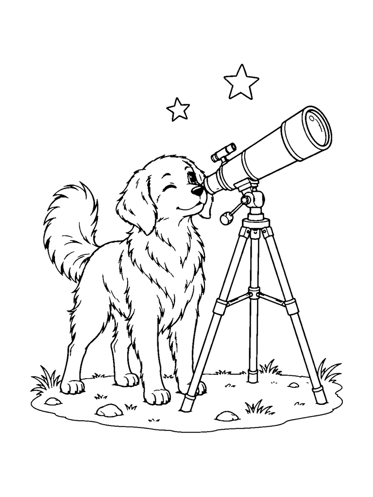 A dog looks through a telescope on a tripod while stars float above.