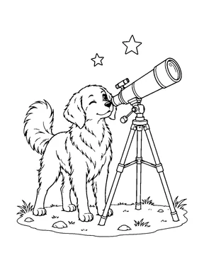 A dog looks through a telescope on a tripod while stars float above.