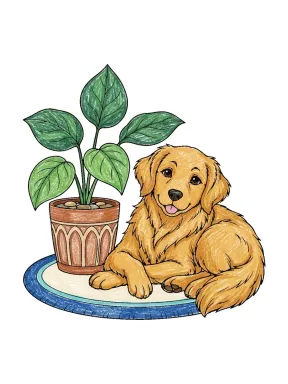 Dog beside a Potted Plant Coloring Page colored with AI in crayon style