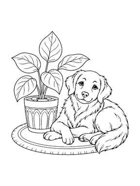 A relaxed dog lies beside a potted plant on a round mat.